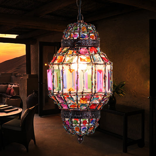 Lantern Pendant Lighting with Crystal Block and Bead Bohemia 1 Light Chandelier Light in Antique Copper Clearhalo 'Art Deco Pendants' 'Cast Iron' 'Ceiling Lights' 'Ceramic' 'Crystal' 'Industrial Pendants' 'Industrial' 'Metal' 'Middle Century Pendants' 'Pendant Lights' 'Pendants' 'Tiffany' Lighting' 265113