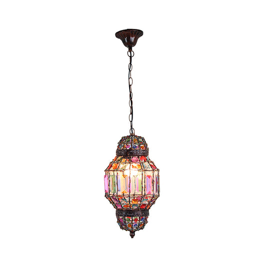 Lantern Pendant Lighting with Crystal Block and Bead Bohemia 1 Light Chandelier Light in Antique Copper Clearhalo 'Art Deco Pendants' 'Cast Iron' 'Ceiling Lights' 'Ceramic' 'Crystal' 'Industrial Pendants' 'Industrial' 'Metal' 'Middle Century Pendants' 'Pendant Lights' 'Pendants' 'Tiffany' Lighting' 265116