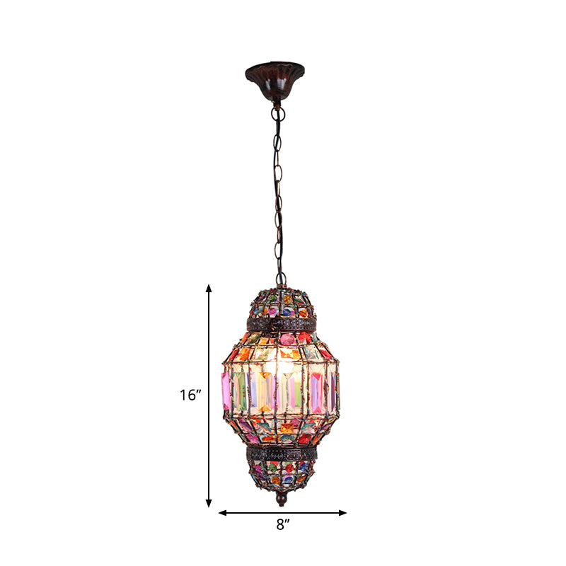 Lantern Pendant Lighting with Crystal Block and Bead Bohemia 1 Light Chandelier Light in Antique Copper Clearhalo 'Art Deco Pendants' 'Cast Iron' 'Ceiling Lights' 'Ceramic' 'Crystal' 'Industrial Pendants' 'Industrial' 'Metal' 'Middle Century Pendants' 'Pendant Lights' 'Pendants' 'Tiffany' Lighting' 265117