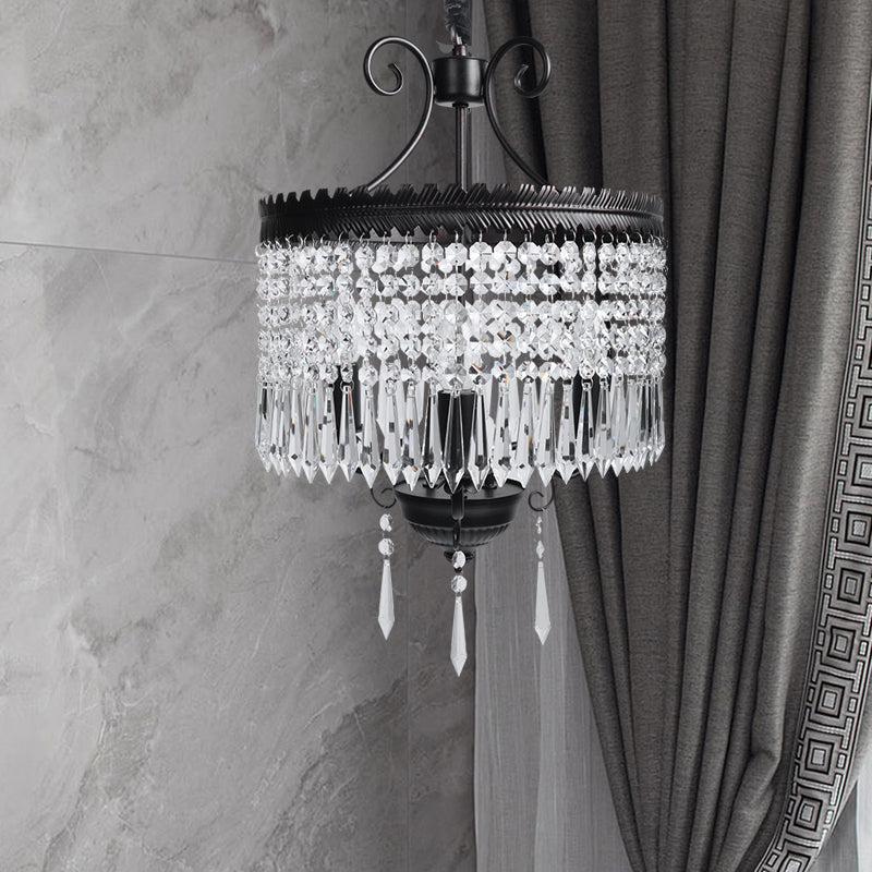 Clear Crystal Beaded Strand Pendant Light with Drum Shade Modernism 3 Lights Chandelier Lamp in Black Black Clearhalo 'Ceiling Lights' 'Chandeliers' 'Industrial Chandeliers' 'Industrial' 'Middle Century Chandeliers' 'Tiffany' Lighting' 265144