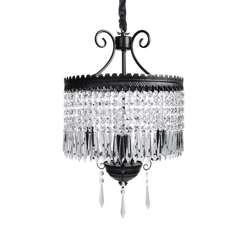 Clear Crystal Beaded Strand Pendant Light with Drum Shade Modernism 3 Lights Chandelier Lamp in Black Clearhalo 'Ceiling Lights' 'Chandeliers' 'Industrial Chandeliers' 'Industrial' 'Middle Century Chandeliers' 'Tiffany' Lighting' 265146