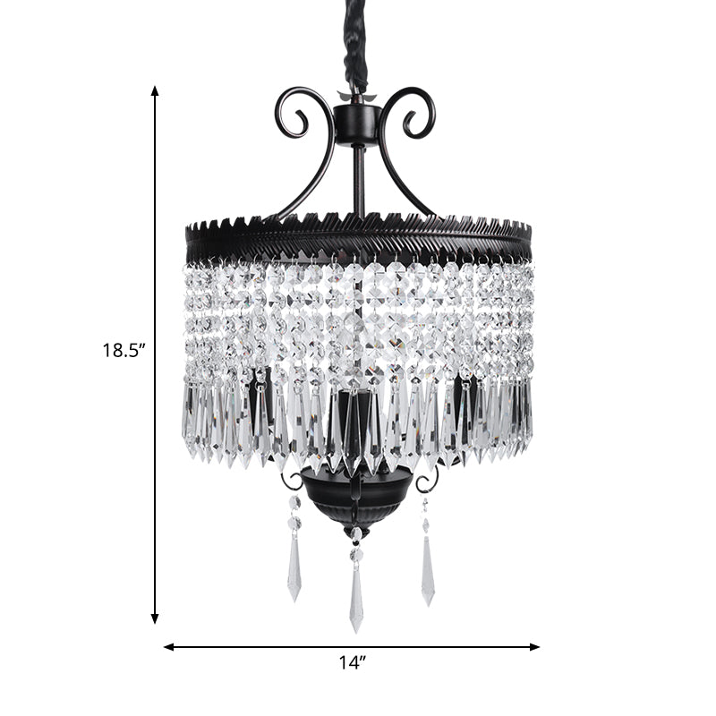 Clear Crystal Beaded Strand Pendant Light with Drum Shade Modernism 3 Lights Chandelier Lamp in Black Clearhalo 'Ceiling Lights' 'Chandeliers' 'Industrial Chandeliers' 'Industrial' 'Middle Century Chandeliers' 'Tiffany' Lighting' 265147