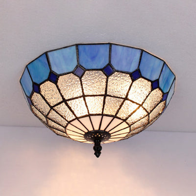 Bowl Ceiling Light Fixture Tiffany Stained Glass 2 Lights Flushmount Light in Beige/Clear/Blue for Bathroom Clearhalo 'Ceiling Lights' 'Close To Ceiling Lights' 'Close to ceiling' 'Flush mount' Lighting' 26522