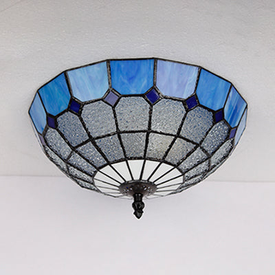 Bowl Ceiling Light Fixture Tiffany Stained Glass 2 Lights Flushmount Light in Beige/Clear/Blue for Bathroom Clearhalo 'Ceiling Lights' 'Close To Ceiling Lights' 'Close to ceiling' 'Flush mount' Lighting' 26523