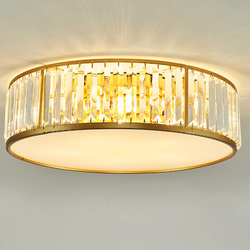 3/4/5 Lights Flush Light Contemporary Drum Crystal Ceiling Flush Mount in Gold for Bedroom, 12.5"/16.5"/20.5" W Clearhalo 'Ceiling Lights' 'Close To Ceiling Lights' 'Close to ceiling' 'Flush mount' Lighting' 265257