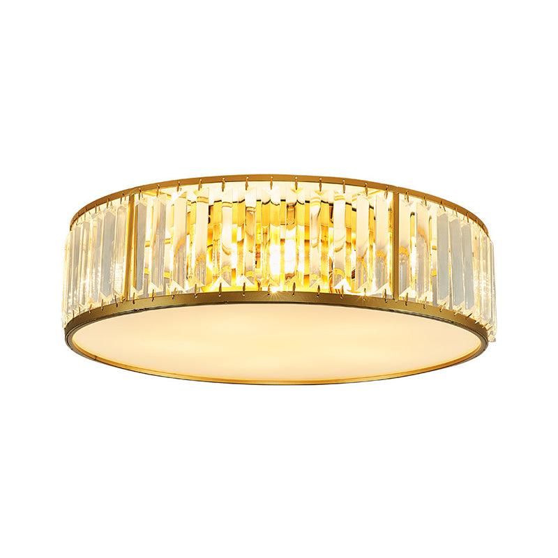 3/4/5 Lights Flush Light Contemporary Drum Crystal Ceiling Flush Mount in Gold for Bedroom, 12.5"/16.5"/20.5" W Clearhalo 'Ceiling Lights' 'Close To Ceiling Lights' 'Close to ceiling' 'Flush mount' Lighting' 265259