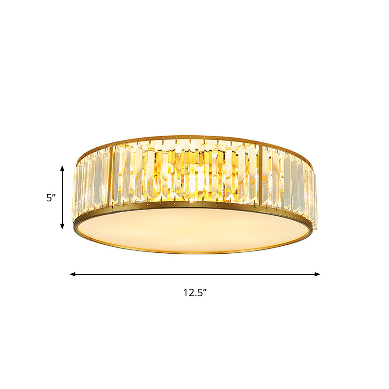 3/4/5 Lights Flush Light Contemporary Drum Crystal Ceiling Flush Mount in Gold for Bedroom, 12.5"/16.5"/20.5" W Clearhalo 'Ceiling Lights' 'Close To Ceiling Lights' 'Close to ceiling' 'Flush mount' Lighting' 265260