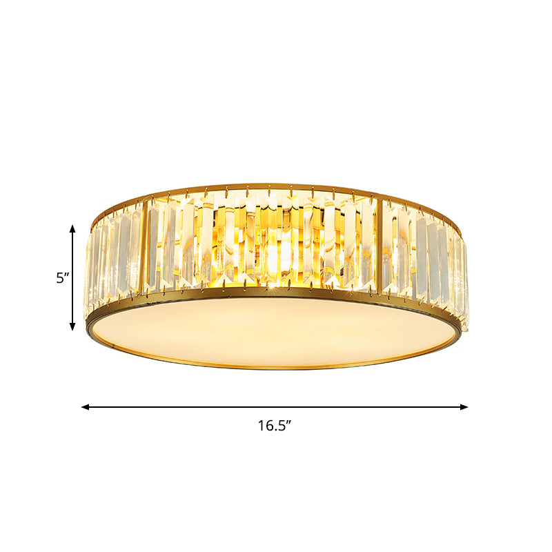 3/4/5 Lights Flush Light Contemporary Drum Crystal Ceiling Flush Mount in Gold for Bedroom, 12.5"/16.5"/20.5" W Clearhalo 'Ceiling Lights' 'Close To Ceiling Lights' 'Close to ceiling' 'Flush mount' Lighting' 265261