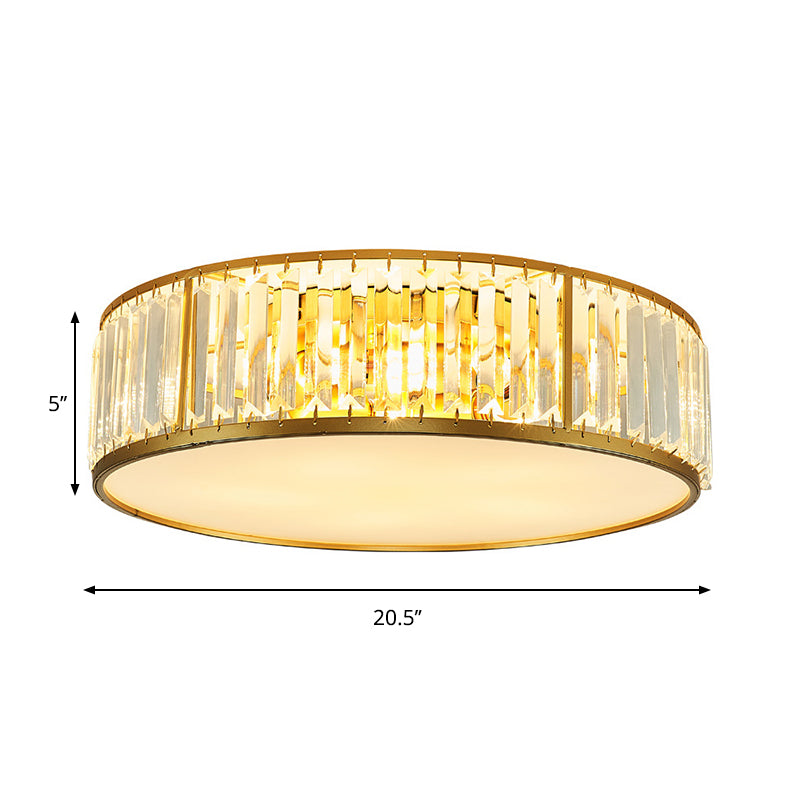 3/4/5 Lights Flush Light Contemporary Drum Crystal Ceiling Flush Mount in Gold for Bedroom, 12.5"/16.5"/20.5" W Clearhalo 'Ceiling Lights' 'Close To Ceiling Lights' 'Close to ceiling' 'Flush mount' Lighting' 265262