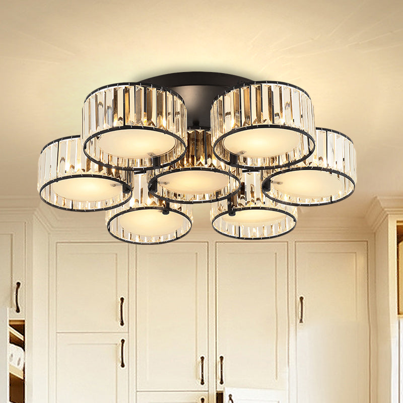 3/5/6 Lights Living Room Ceiling Light Fixture Modern Black Flush Mount with Drum Crystal Shade 7 Black Clearhalo 'Ceiling Lights' 'Close To Ceiling Lights' 'Close to ceiling' 'Flush mount' Lighting' 265273