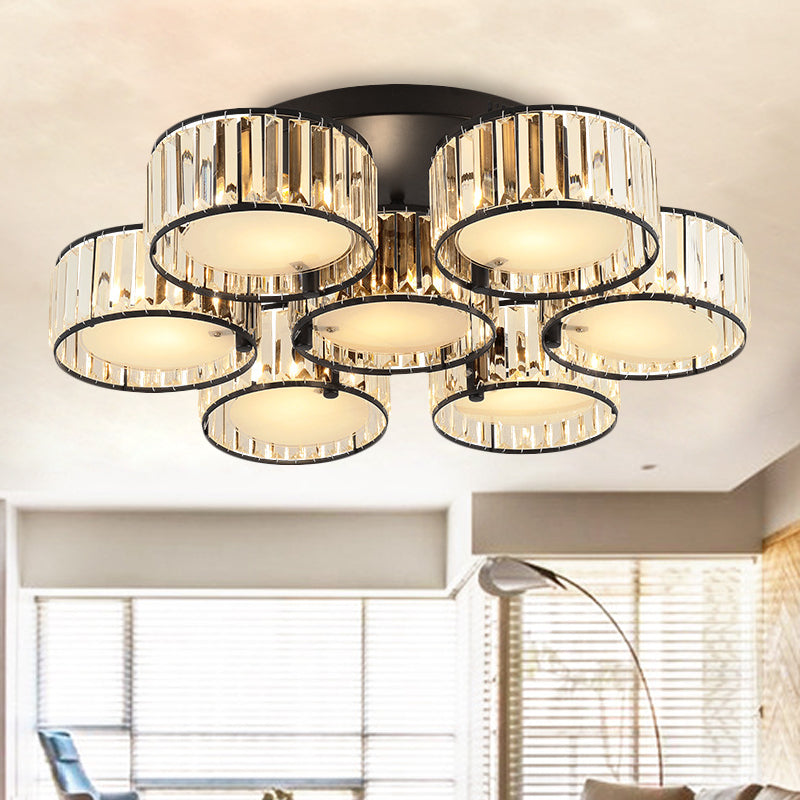3/5/6 Lights Living Room Ceiling Light Fixture Modern Black Flush Mount with Drum Crystal Shade Clearhalo 'Ceiling Lights' 'Close To Ceiling Lights' 'Close to ceiling' 'Flush mount' Lighting' 265274