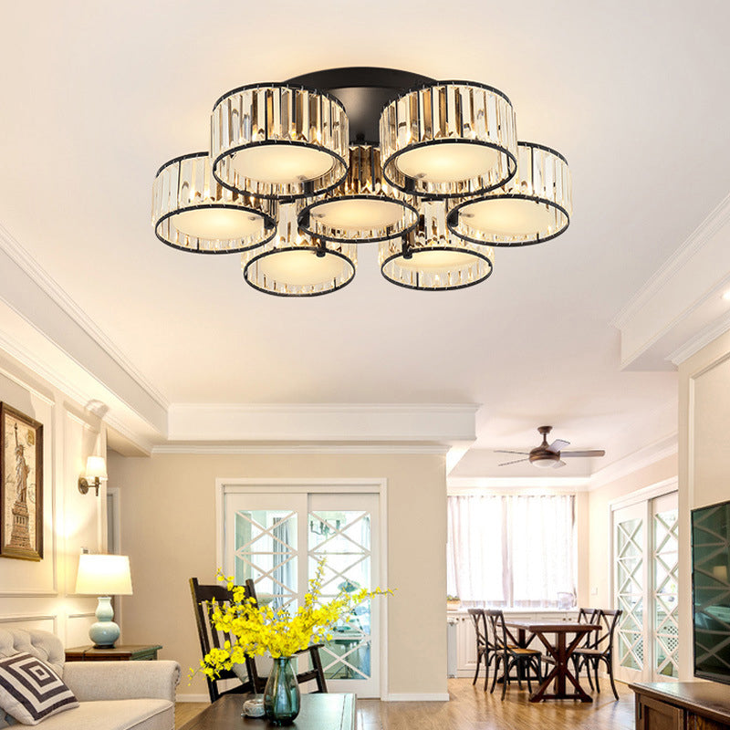 3/5/6 Lights Living Room Ceiling Light Fixture Modern Black Flush Mount with Drum Crystal Shade Clearhalo 'Ceiling Lights' 'Close To Ceiling Lights' 'Close to ceiling' 'Flush mount' Lighting' 265275