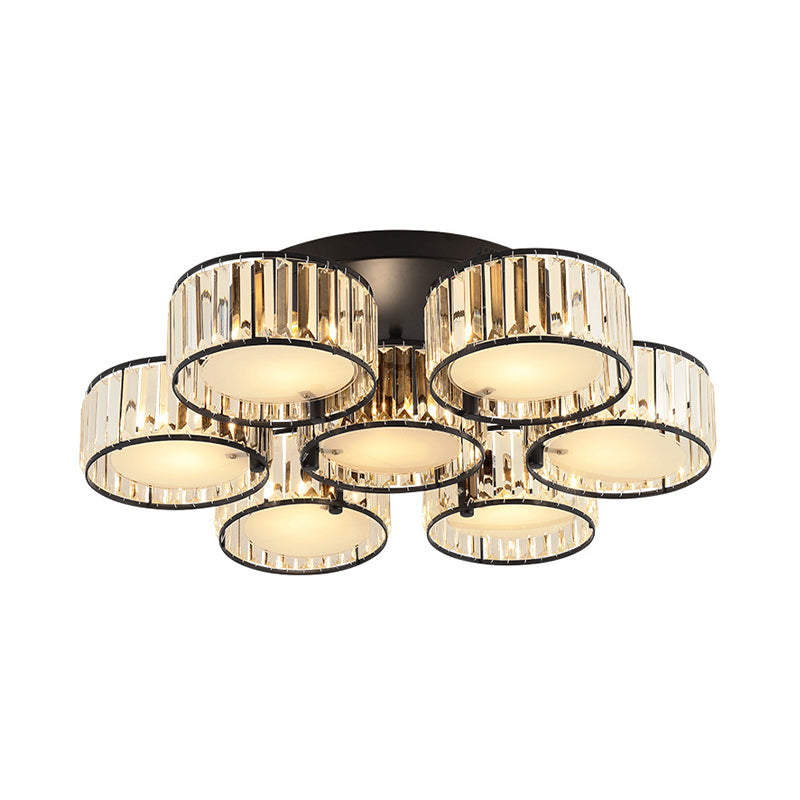 3/5/6 Lights Living Room Ceiling Light Fixture Modern Black Flush Mount with Drum Crystal Shade Clearhalo 'Ceiling Lights' 'Close To Ceiling Lights' 'Close to ceiling' 'Flush mount' Lighting' 265276