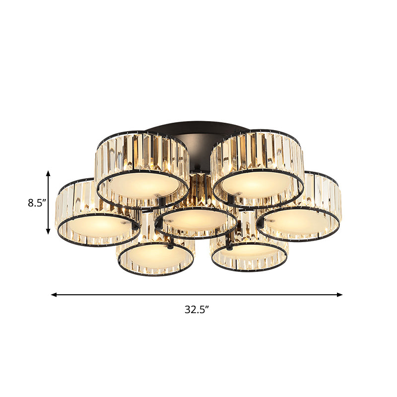 3/5/6 Lights Living Room Ceiling Light Fixture Modern Black Flush Mount with Drum Crystal Shade Clearhalo 'Ceiling Lights' 'Close To Ceiling Lights' 'Close to ceiling' 'Flush mount' Lighting' 265277