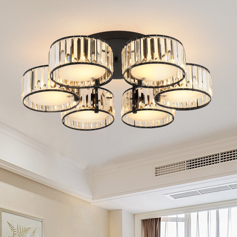 3/5/6 Lights Living Room Ceiling Light Fixture Modern Black Flush Mount with Drum Crystal Shade 6 Black Clearhalo 'Ceiling Lights' 'Close To Ceiling Lights' 'Close to ceiling' 'Flush mount' Lighting' 265278