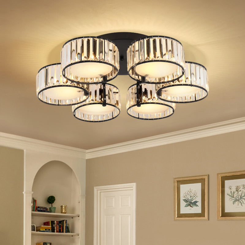 3/5/6 Lights Living Room Ceiling Light Fixture Modern Black Flush Mount with Drum Crystal Shade Clearhalo 'Ceiling Lights' 'Close To Ceiling Lights' 'Close to ceiling' 'Flush mount' Lighting' 265279