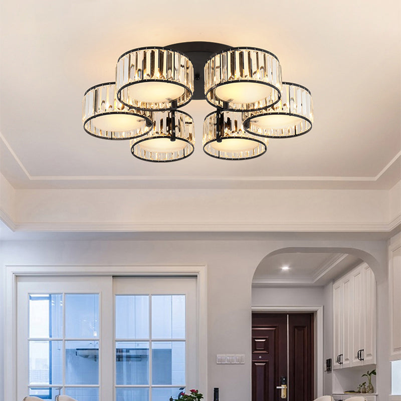 3/5/6 Lights Living Room Ceiling Light Fixture Modern Black Flush Mount with Drum Crystal Shade Clearhalo 'Ceiling Lights' 'Close To Ceiling Lights' 'Close to ceiling' 'Flush mount' Lighting' 265280