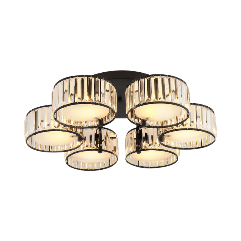 3/5/6 Lights Living Room Ceiling Light Fixture Modern Black Flush Mount with Drum Crystal Shade Clearhalo 'Ceiling Lights' 'Close To Ceiling Lights' 'Close to ceiling' 'Flush mount' Lighting' 265281