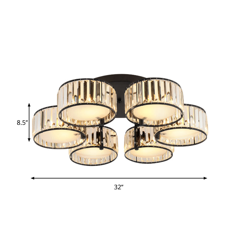 3/5/6 Lights Living Room Ceiling Light Fixture Modern Black Flush Mount with Drum Crystal Shade Clearhalo 'Ceiling Lights' 'Close To Ceiling Lights' 'Close to ceiling' 'Flush mount' Lighting' 265282
