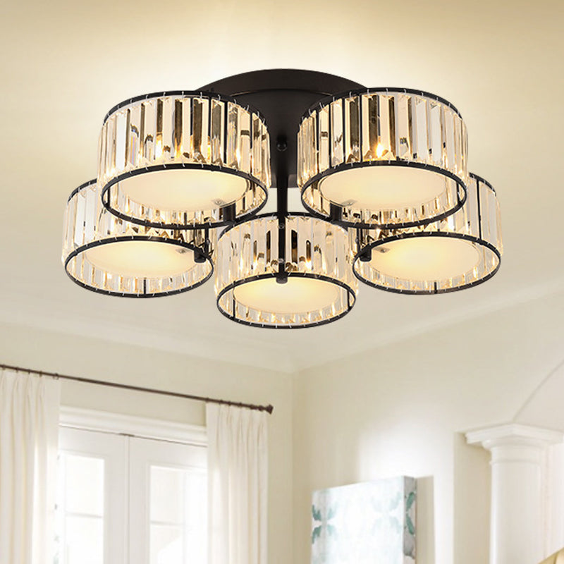 3/5/6 Lights Living Room Ceiling Light Fixture Modern Black Flush Mount with Drum Crystal Shade 5 Black Clearhalo 'Ceiling Lights' 'Close To Ceiling Lights' 'Close to ceiling' 'Flush mount' Lighting' 265283