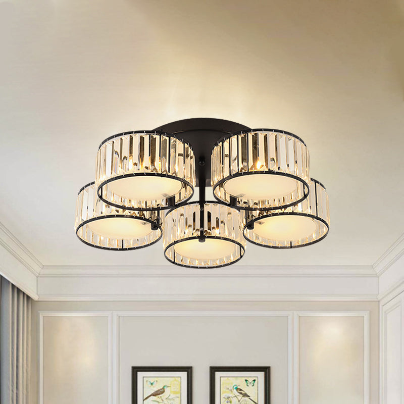 3/5/6 Lights Living Room Ceiling Light Fixture Modern Black Flush Mount with Drum Crystal Shade Clearhalo 'Ceiling Lights' 'Close To Ceiling Lights' 'Close to ceiling' 'Flush mount' Lighting' 265284