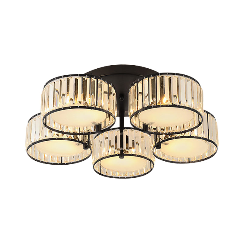 3/5/6 Lights Living Room Ceiling Light Fixture Modern Black Flush Mount with Drum Crystal Shade Clearhalo 'Ceiling Lights' 'Close To Ceiling Lights' 'Close to ceiling' 'Flush mount' Lighting' 265286
