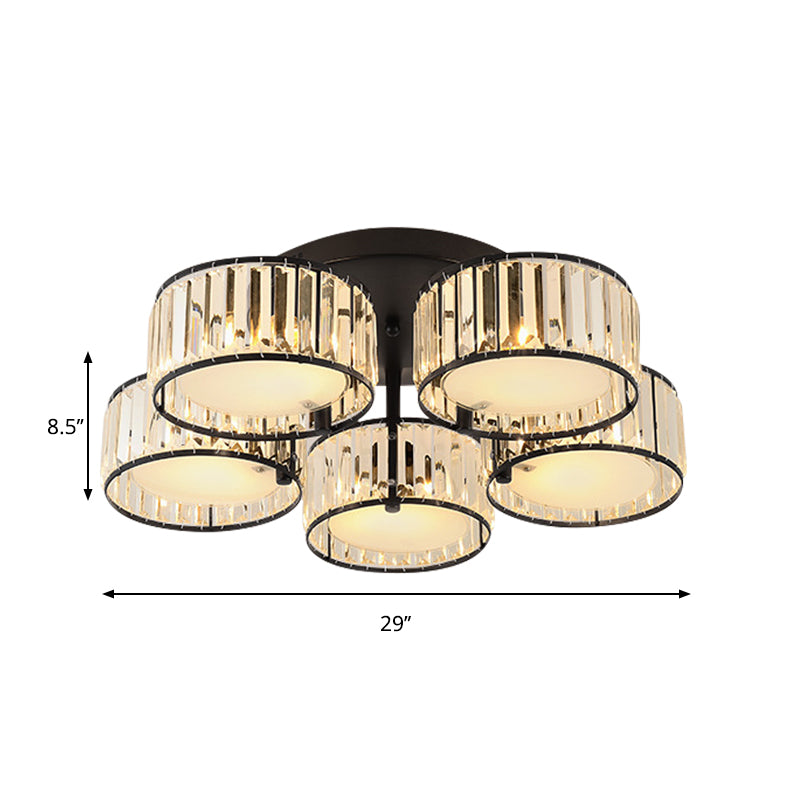 3/5/6 Lights Living Room Ceiling Light Fixture Modern Black Flush Mount with Drum Crystal Shade Clearhalo 'Ceiling Lights' 'Close To Ceiling Lights' 'Close to ceiling' 'Flush mount' Lighting' 265287