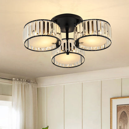 3/5/6 Lights Living Room Ceiling Light Fixture Modern Black Flush Mount with Drum Crystal Shade 3 Black Clearhalo 'Ceiling Lights' 'Close To Ceiling Lights' 'Close to ceiling' 'Flush mount' Lighting' 265288
