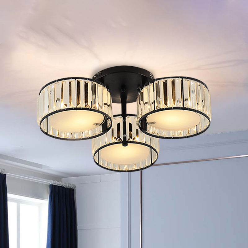 3/5/6 Lights Living Room Ceiling Light Fixture Modern Black Flush Mount with Drum Crystal Shade Clearhalo 'Ceiling Lights' 'Close To Ceiling Lights' 'Close to ceiling' 'Flush mount' Lighting' 265289