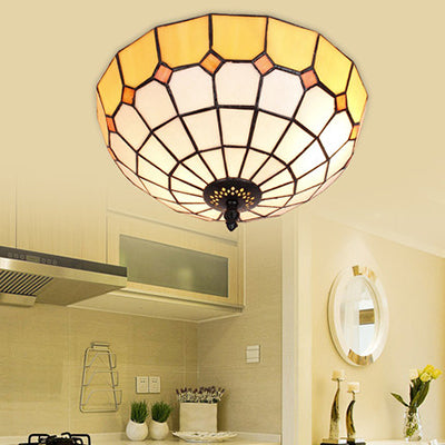 Bowl Ceiling Light Fixture Tiffany Stained Glass 2 Lights Flushmount Light in Beige/Clear/Blue for Bathroom Beige Clearhalo 'Ceiling Lights' 'Close To Ceiling Lights' 'Close to ceiling' 'Flush mount' Lighting' 26529
