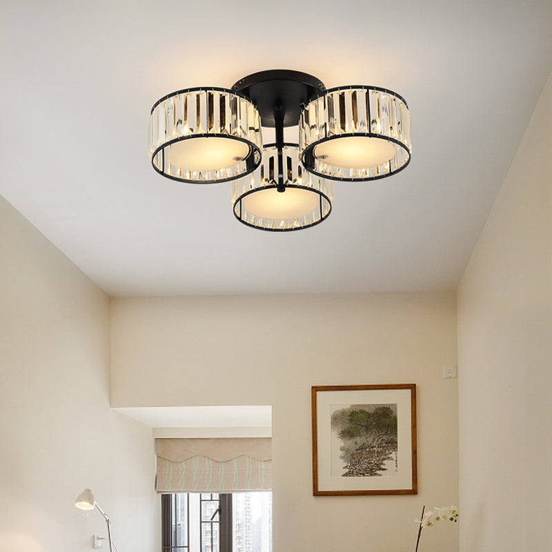 3/5/6 Lights Living Room Ceiling Light Fixture Modern Black Flush Mount with Drum Crystal Shade Clearhalo 'Ceiling Lights' 'Close To Ceiling Lights' 'Close to ceiling' 'Flush mount' Lighting' 265290