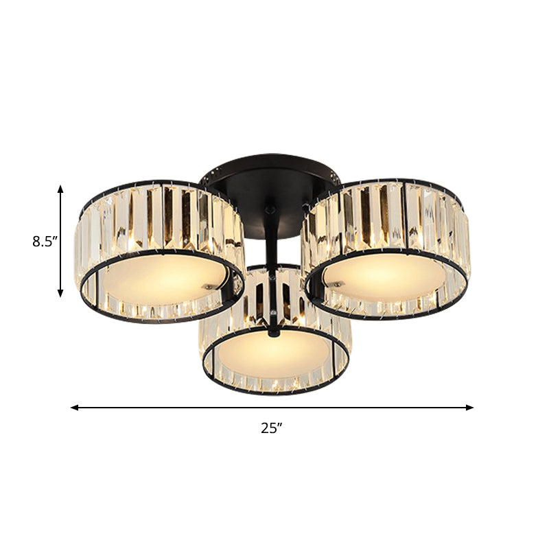 3/5/6 Lights Living Room Ceiling Light Fixture Modern Black Flush Mount with Drum Crystal Shade Clearhalo 'Ceiling Lights' 'Close To Ceiling Lights' 'Close to ceiling' 'Flush mount' Lighting' 265292