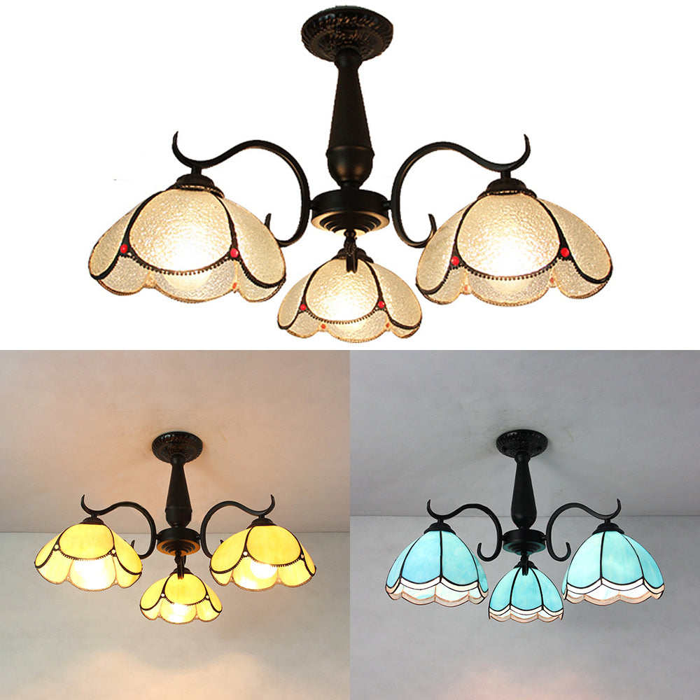 3 Heads Domed Ceiling Light Fixture Retro Style Stained Glass Semi Flush Mount in Beige/Clear/Blue for Foyer Clearhalo 'Ceiling Lights' 'Close To Ceiling Lights' 'Close to ceiling' 'Glass shade' 'Glass' 'Semi-flushmount' 'Tiffany close to ceiling' 'Tiffany' Lighting' 26541