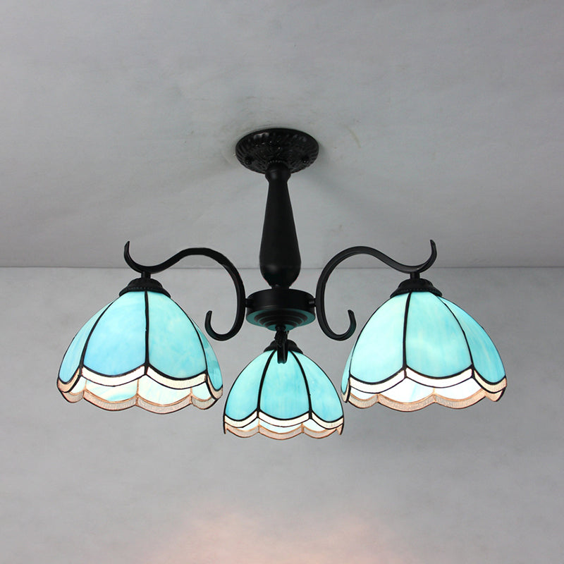 3 Heads Domed Ceiling Light Fixture Retro Style Stained Glass Semi Flush Mount in Beige/Clear/Blue for Foyer Blue Clearhalo 'Ceiling Lights' 'Close To Ceiling Lights' 'Close to ceiling' 'Glass shade' 'Glass' 'Semi-flushmount' 'Tiffany close to ceiling' 'Tiffany' Lighting' 26542