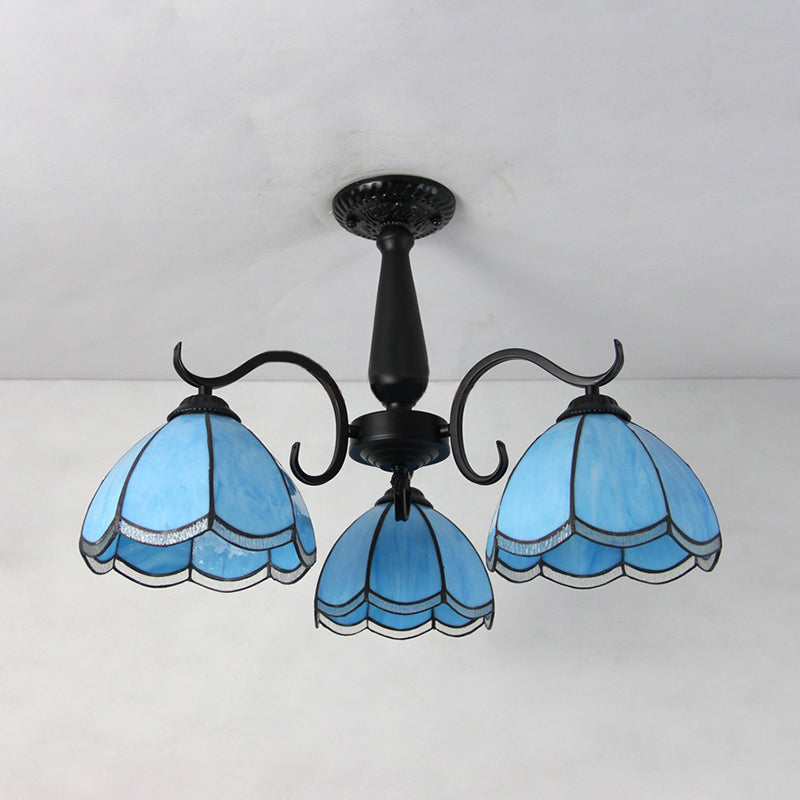 3 Heads Domed Ceiling Light Fixture Retro Style Stained Glass Semi Flush Mount in Beige/Clear/Blue for Foyer Clearhalo 'Ceiling Lights' 'Close To Ceiling Lights' 'Close to ceiling' 'Glass shade' 'Glass' 'Semi-flushmount' 'Tiffany close to ceiling' 'Tiffany' Lighting' 26543