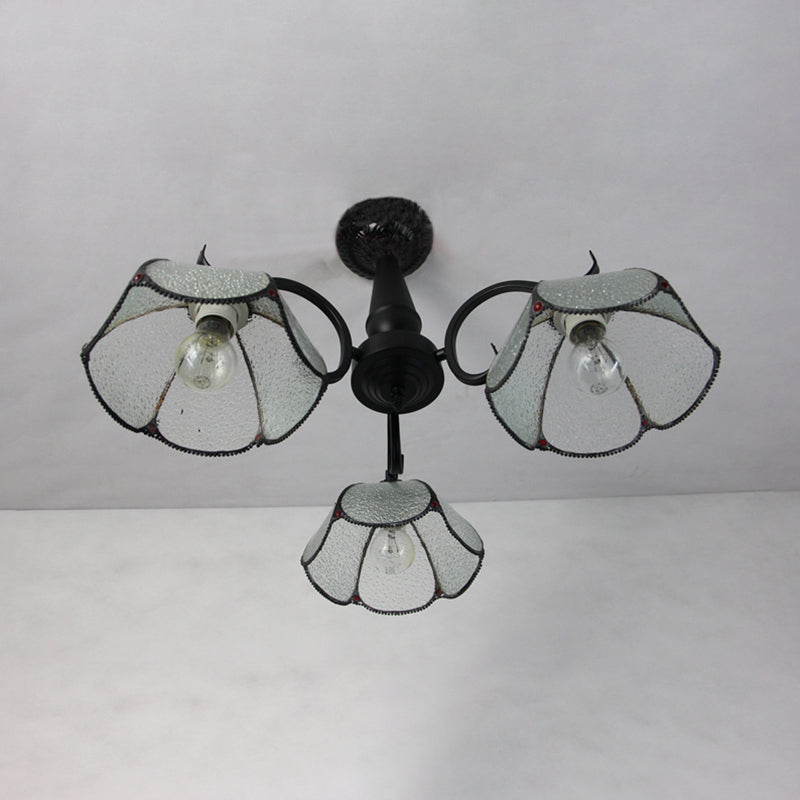 3 Heads Domed Ceiling Light Fixture Retro Style Stained Glass Semi Flush Mount in Beige/Clear/Blue for Foyer Clearhalo 'Ceiling Lights' 'Close To Ceiling Lights' 'Close to ceiling' 'Glass shade' 'Glass' 'Semi-flushmount' 'Tiffany close to ceiling' 'Tiffany' Lighting' 26545