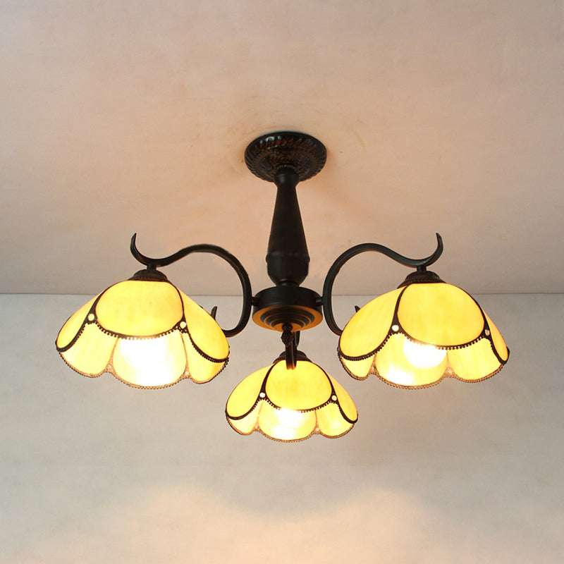 3 Heads Domed Ceiling Light Fixture Retro Style Stained Glass Semi Flush Mount in Beige/Clear/Blue for Foyer Beige Clearhalo 'Ceiling Lights' 'Close To Ceiling Lights' 'Close to ceiling' 'Glass shade' 'Glass' 'Semi-flushmount' 'Tiffany close to ceiling' 'Tiffany' Lighting' 26546