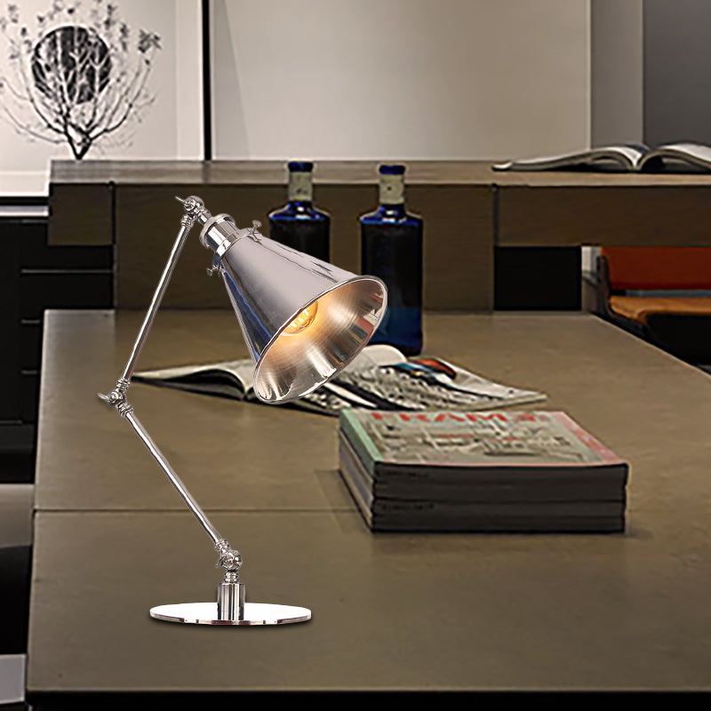 Tapered Study Room Desk Lighting Metal 1 Light Industrial Reading Book Light with 8"+8"/8"+8"+8" Length Arm in Chrome Chrome B 8"+8" Clearhalo 'Lamps' 'Table Lamps' Lighting' 265504