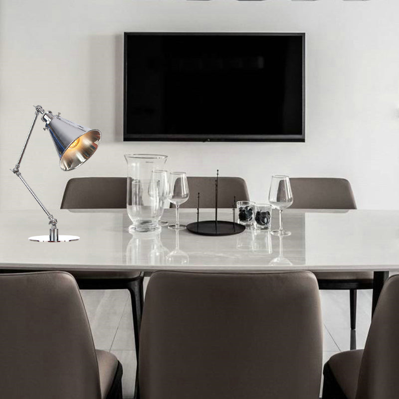 Tapered Study Room Desk Lighting Metal 1 Light Industrial Reading Book Light with 8"+8"/8"+8"+8" Length Arm in Chrome Clearhalo 'Lamps' 'Table Lamps' Lighting' 265505