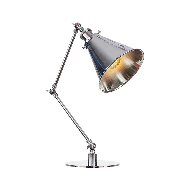 Tapered Study Room Desk Lighting Metal 1 Light Industrial Reading Book Light with 8"+8"/8"+8"+8" Length Arm in Chrome Clearhalo 'Lamps' 'Table Lamps' Lighting' 265506