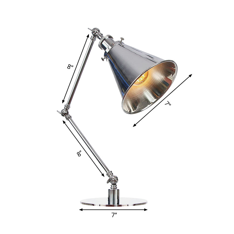 Tapered Study Room Desk Lighting Metal 1 Light Industrial Reading Book Light with 8"+8"/8"+8"+8" Length Arm in Chrome Clearhalo 'Lamps' 'Table Lamps' Lighting' 265507