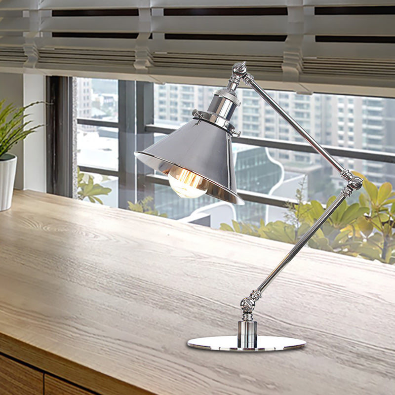 Tapered Study Room Desk Lighting Metal 1 Light Industrial Reading Book Light with 8"+8"/8"+8"+8" Length Arm in Chrome Chrome C 8"+8" Clearhalo 'Lamps' 'Table Lamps' Lighting' 265508