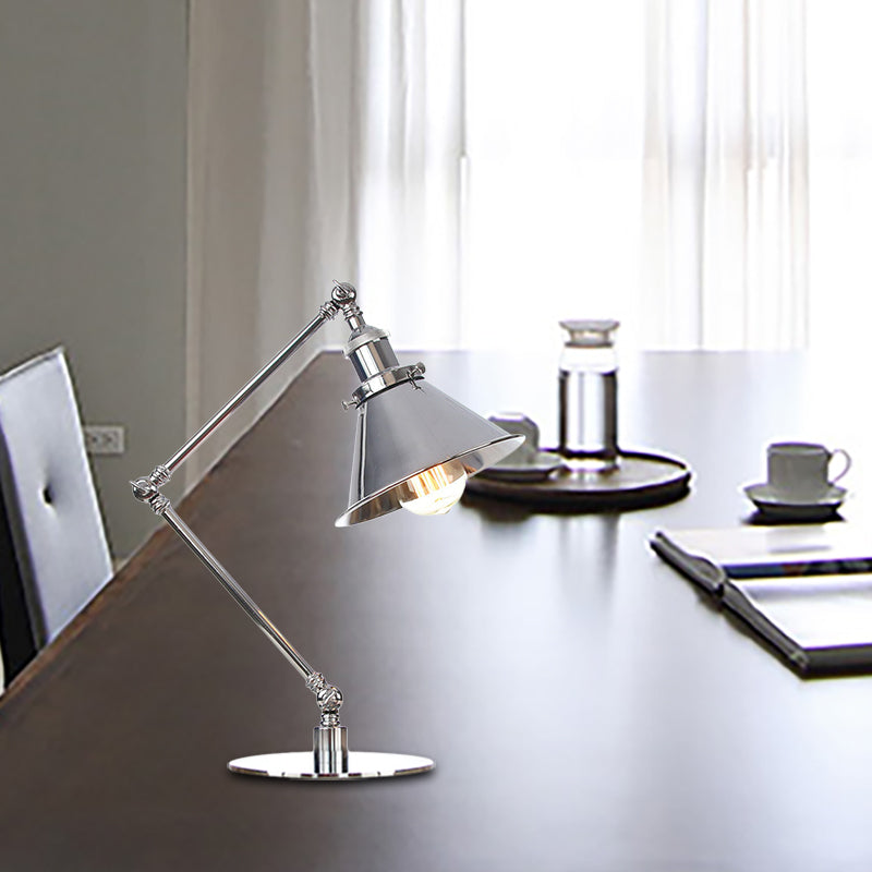 Tapered Study Room Desk Lighting Metal 1 Light Industrial Reading Book Light with 8"+8"/8"+8"+8" Length Arm in Chrome Clearhalo 'Lamps' 'Table Lamps' Lighting' 265509