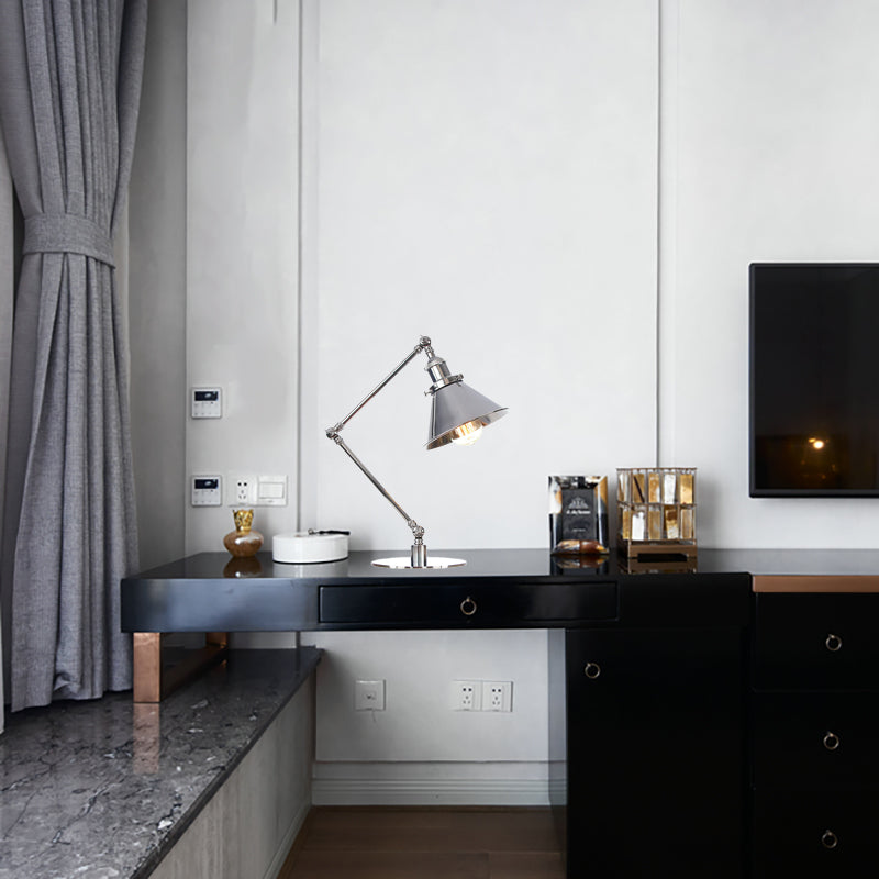 Tapered Study Room Desk Lighting Metal 1 Light Industrial Reading Book Light with 8"+8"/8"+8"+8" Length Arm in Chrome Clearhalo 'Lamps' 'Table Lamps' Lighting' 265510