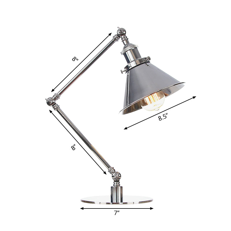 Tapered Study Room Desk Lighting Metal 1 Light Industrial Reading Book Light with 8"+8"/8"+8"+8" Length Arm in Chrome Clearhalo 'Lamps' 'Table Lamps' Lighting' 265512
