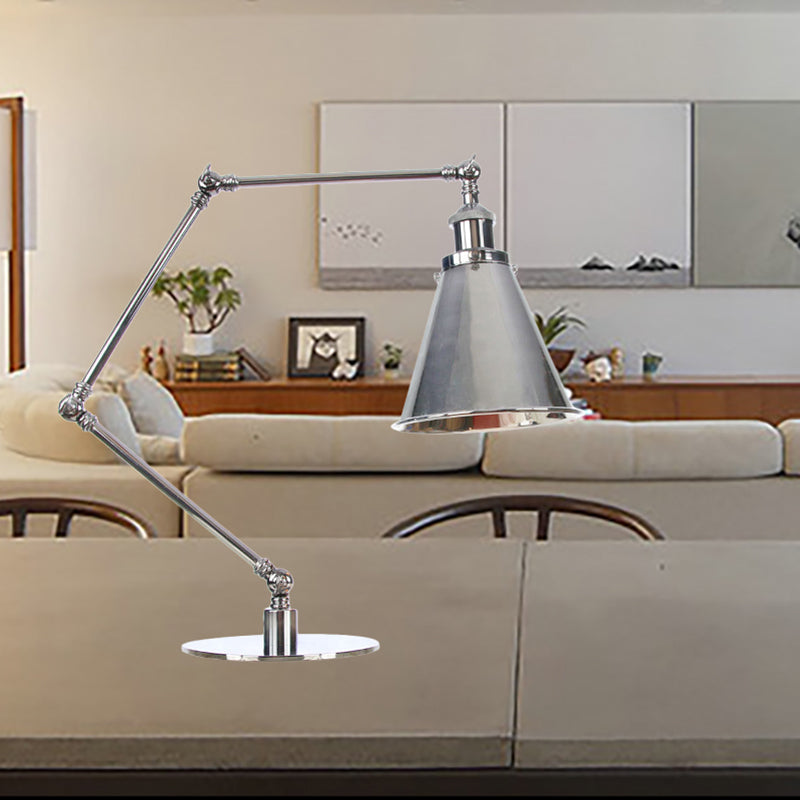 Tapered Study Room Desk Lighting Metal 1 Light Industrial Reading Book Light with 8"+8"/8"+8"+8" Length Arm in Chrome Chrome B 8"+8"+8" Clearhalo 'Lamps' 'Table Lamps' Lighting' 265518