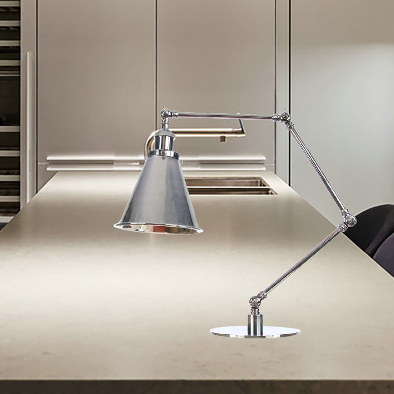 Tapered Study Room Desk Lighting Metal 1 Light Industrial Reading Book Light with 8"+8"/8"+8"+8" Length Arm in Chrome Clearhalo 'Lamps' 'Table Lamps' Lighting' 265519