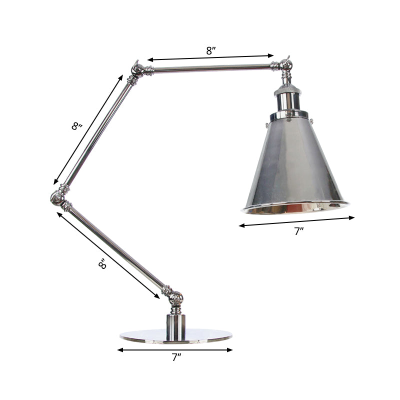 Tapered Study Room Desk Lighting Metal 1 Light Industrial Reading Book Light with 8"+8"/8"+8"+8" Length Arm in Chrome Clearhalo 'Lamps' 'Table Lamps' Lighting' 265522