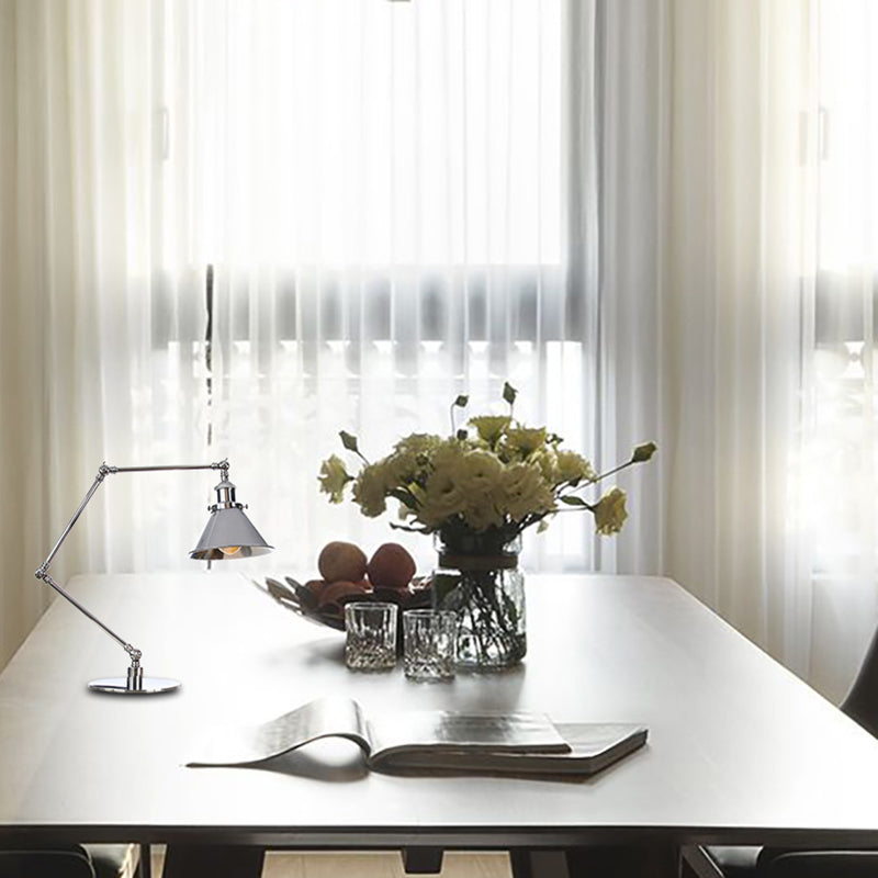 Tapered Study Room Desk Lighting Metal 1 Light Industrial Reading Book Light with 8"+8"/8"+8"+8" Length Arm in Chrome Clearhalo 'Lamps' 'Table Lamps' Lighting' 265525