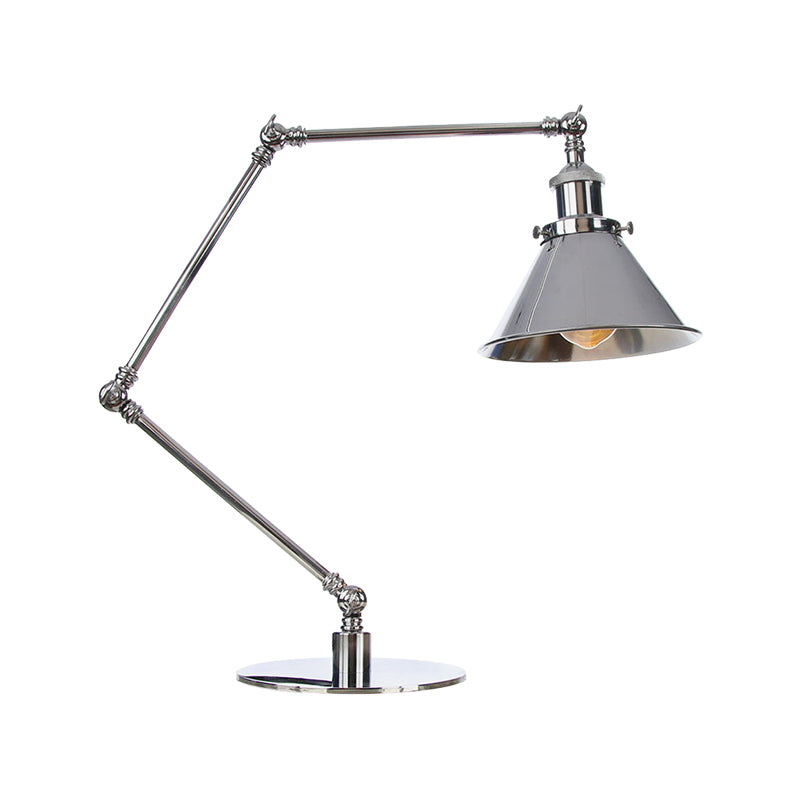 Tapered Study Room Desk Lighting Metal 1 Light Industrial Reading Book Light with 8"+8"/8"+8"+8" Length Arm in Chrome Clearhalo 'Lamps' 'Table Lamps' Lighting' 265526